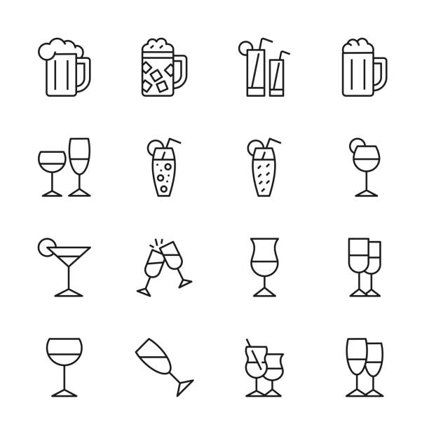 ilustraciones, imágenes clip art, dibujos animados e iconos de stock de iconos de la línea de bebidas alcohólicas - wineglass symbol coffee cup cocktail
