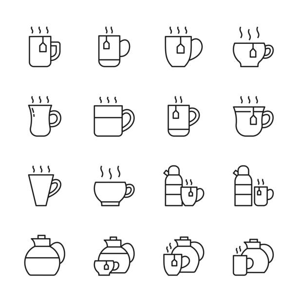 hot drinks line ikony - mug coffee cup glass drink stock illustrations