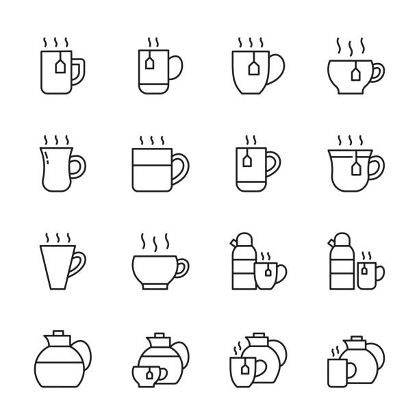 Hot Drinks Line Icons Drinking Glassware for Tea And Coffee Editable Stroke Line Icons mug illustrations stock illustrations