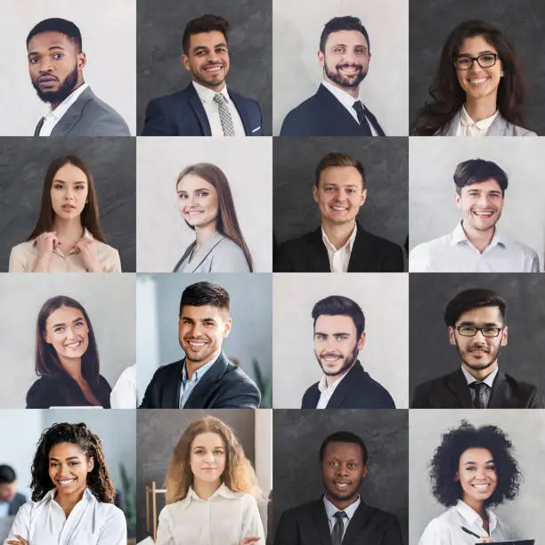 Diverse Business People Portraits In A Row. Collage With Headshots Of Cheerful Successful Millennial Entrepreneurs, Businessmen And Businesswomen Posing Smiling To Camera Over Gray Backgrounds. Square