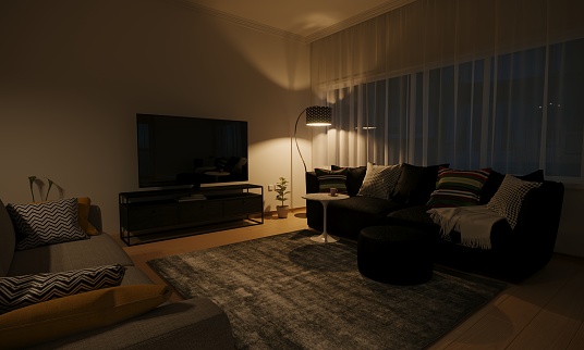 Minimalist style designed living room interior scene at night. ( 3d render )