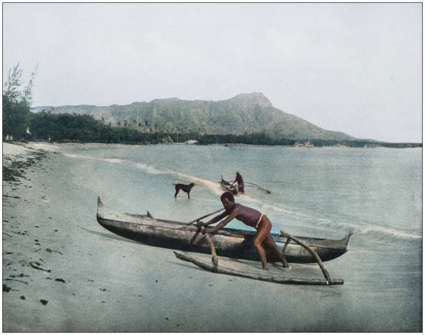 antyczne historyczne fotografie z us navy i armii: hawajskie kajaki - indian ocean stock illustrations