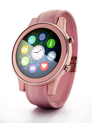 Rose gold generic smartwatch with screen displaying circular interface icons.