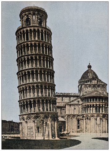 Antique photo of World's landmarks (circa 1894): Cathedral and leaning tower of Pisa, Italy