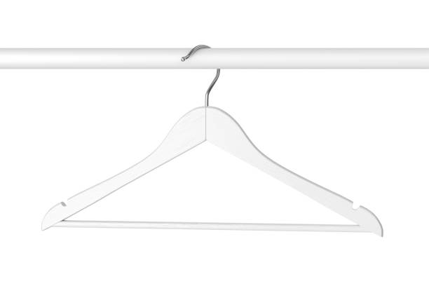 istock White wooden cloth hanger with metal hook on wardrobe rail 1322852607