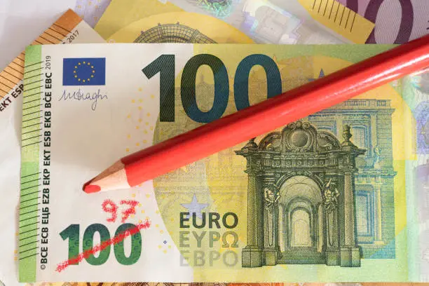 Inflation, euro banknote and value of money