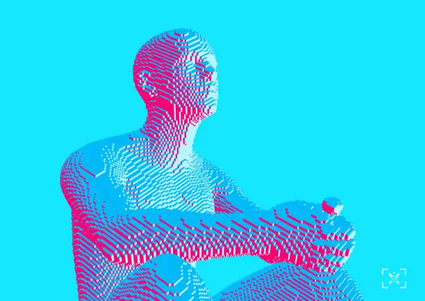 Vector illustration of Man is thinking. Digital technology background. Voxel art. 3D vector illustration for presentation, social media or print purpose.