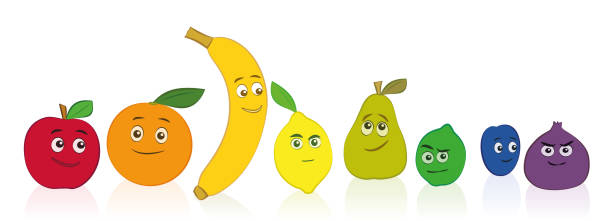 istock Comic fruits, rainbow colored set with smiling and funny faces. Apple, orange, banana, lemon, pear, lime, plum and fig. Isolated vector illustration on white background. 1322853954