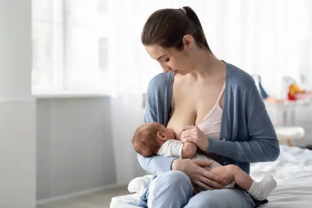 Portrait Of Young Beautiful Woman Breastfeeding Her Infant Child At Home, Loving Millennial Mother Lactating Newborn Baby While Sitting On Bed In Bedroom, Enjoying Healthy Motherhood, Copy Space