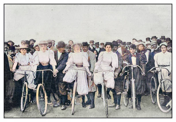Antique photo: Bicycle women Antique photo: Bicycle women racing bicycle photos stock illustrations