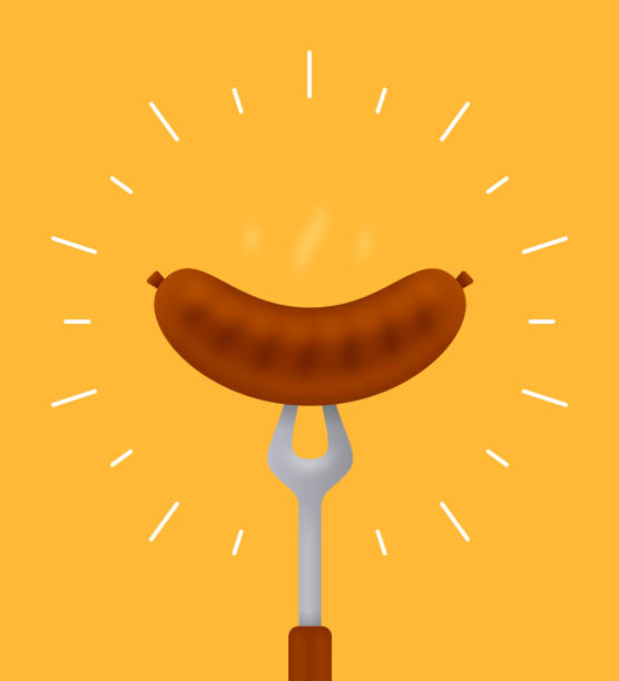 ilustraciones, imágenes clip art, dibujos animados e iconos de stock de salchicha a la parrilla hot dog o bratwurst - sausage bratwurst barbecue grill barbecue