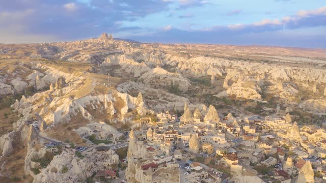 Goreme Town on sunrise view from drone in Cappadocia Region Of Turkey. Aerial view 4K.