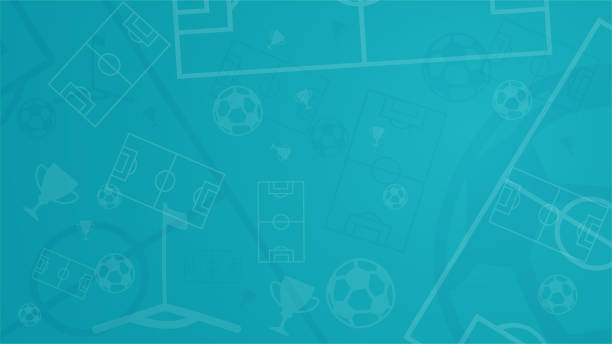 Abstract football background with a soccer field, and sports elements. Ball, flag, cup. Template 2020. Vector wallpaper. Turquoise, blue Abstract football background with a soccer field, and sports elements. Ball, flag, cup. Championship. Template 2020. Vector wallpaper. Turquoise blue world cup stock illustrations