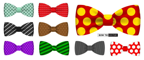 illustrations, cliparts, dessins animés et icônes de ensemble de nœud papillon à pois réaliste ou nœud papillon hommes costume pour uniforme de bureau ou divers bow tie couleur vêtements concept. vecteur eps - polka dot