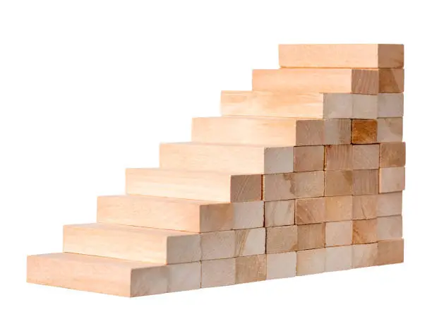 Wooden blocks stair isolated on white background.