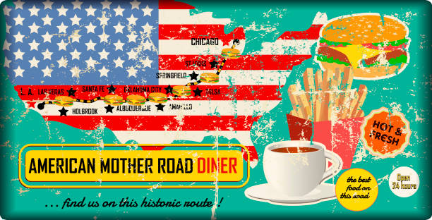 illustrations, cliparts, dessins animés et icônes de grungy vintage route 66 mother road diner sign, style rétro, - route 66 retro revival american culture sign
