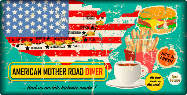 grungy vintage route 66 mother road diner sign, retro style, distressed route 66 diner sign and road map, retro grungy vector illustration fictional artwork american flag house stock illustrations