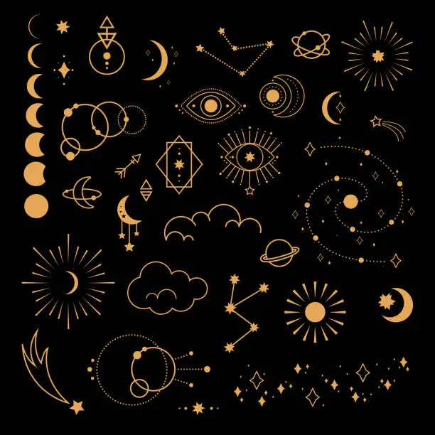 Vector illustration of Big set of magic and astrological symbols. Mystical signs, silhouettes, zodiac, tarot cards. Vector illustration