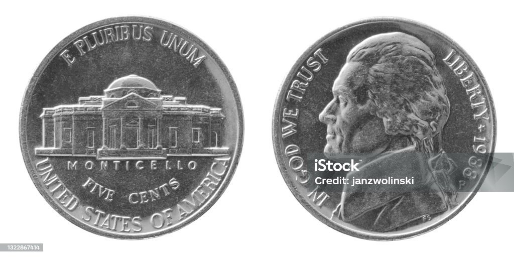 One cent coin Obverse and reverse of 1988 five cents cupronickel us coin isolated on white background Nickel - US Coin Stock Photo