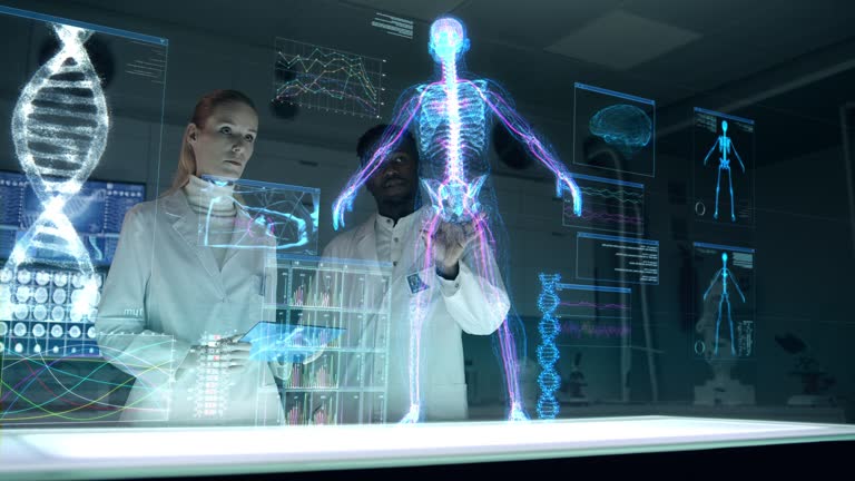 Futuristic Laboratory with diverse scientists. Holographic, three dimensional skeleton and DNA helix. Team scanning virtual patient for injury. Nervous system glowing red