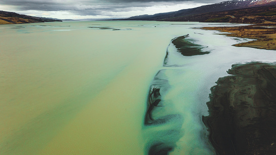 Drone photo of the melted glacier waters at the East Fjords of Iceland