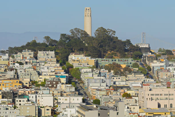 Aerial view of North Beach and Coit Tower in San Francisco at sunrise.