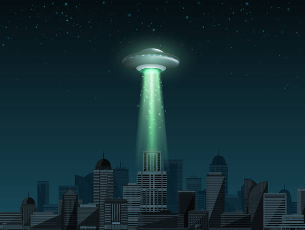 UFO spaceship with light beam UFO spaceship with a light beam flying over the city. UFO day Vector illustration alien invasion stock illustrations