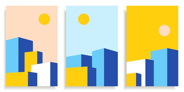Bright abstract vector illustration in yellow blue pink colors. A set of posters for prints, templates, covers. City landscape, houses, buildings, sky and sun.