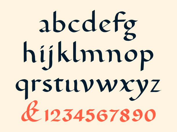 캐롤링이언 마이너스큘러 알파벳 손으로 그린 서예 - letterpress gothic style typescript alphabet stock illustrations