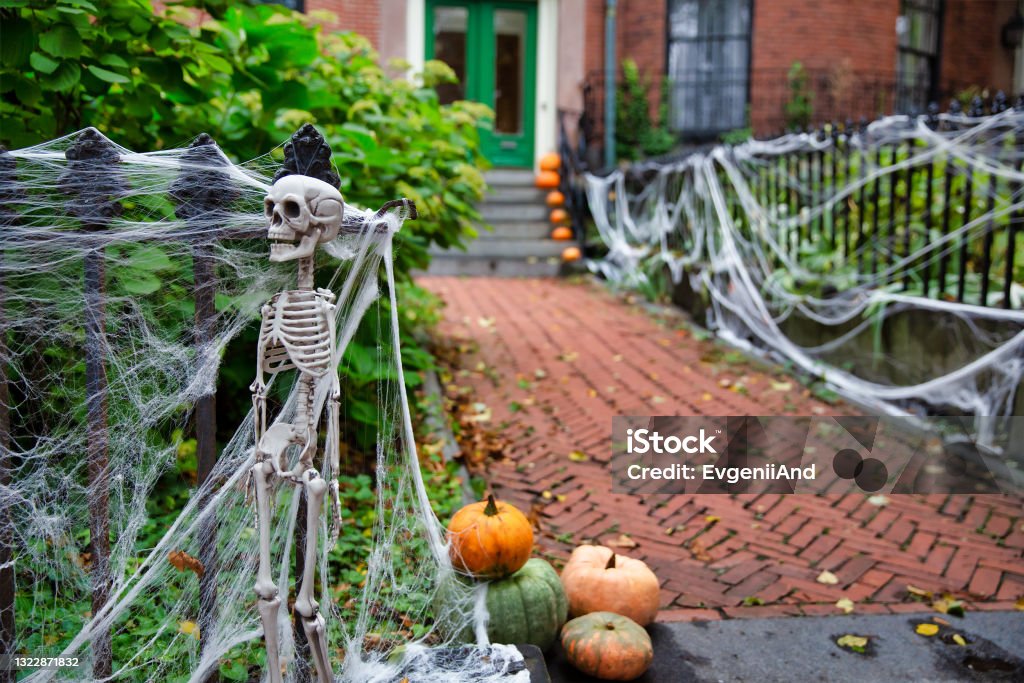 Skeleton and spider web on the fence. Halloween decorations outside. Copy space for your text Halloween Stock Photo