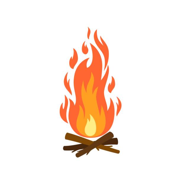 白い背景に孤立した燃える木材とキャンプファイヤーのベクトル漫画フラットイラスト。ウェブ、印刷物、装飾、焚き火の夜のための薪と焚き火のアイコン。キャンプイラストで火の穴。 - キャンプファイヤー イラスト点のイラスト素材／クリップアート素材／マンガ素材／アイコン素材