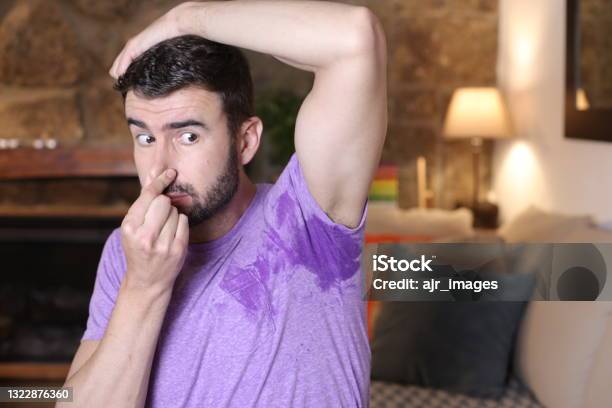 Concerned Man With Wet And Smelly Armpit Stock Photo - Download Image Now - 35-39 Years, Adult, Adults Only