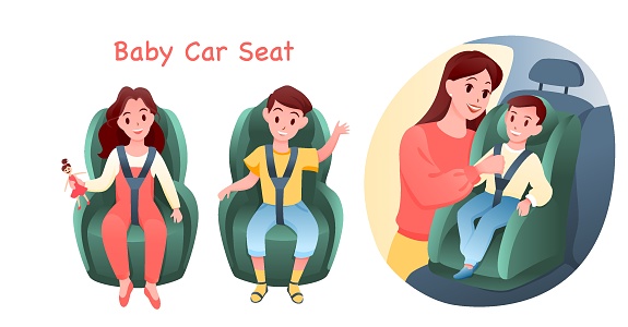 Baby auto car seat vector illustration set. Cartoon safe road travel transportation for child, boy and girl characters sitting in chair with seatbelts, safety for small passengers isolated on white