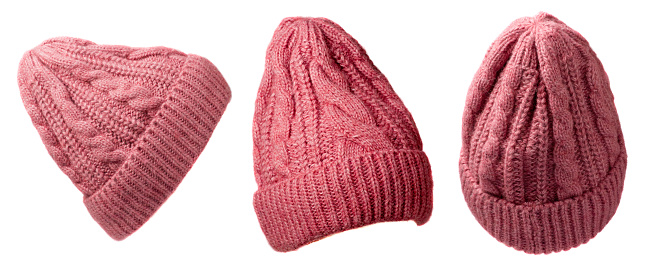 Set of three women's hat . knitted hat isolated on white background.pink hat