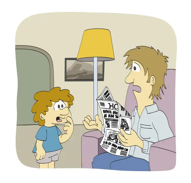 Vector illustration of Cute child, kid, boy. Son talking with his father in the living room while the father is sitting and reading a newspaper. Cartoon style vector illustration.