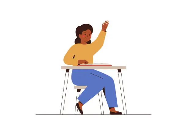 Vector illustration of School girl ages between 8 and 14 sitting at her desk in a classroom and wants to tell smth.African American female student at the lesson raised her hand. Concept back to school.