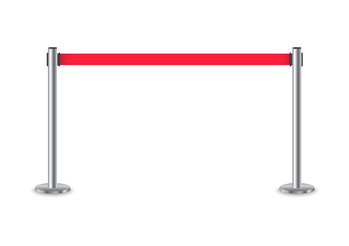 Retractable stanchion with red tape. Red fencing tape. Realistic metal barrier for vip zone, security zone, closed event, exclusive entrance and for crowd control. Vector illustration.