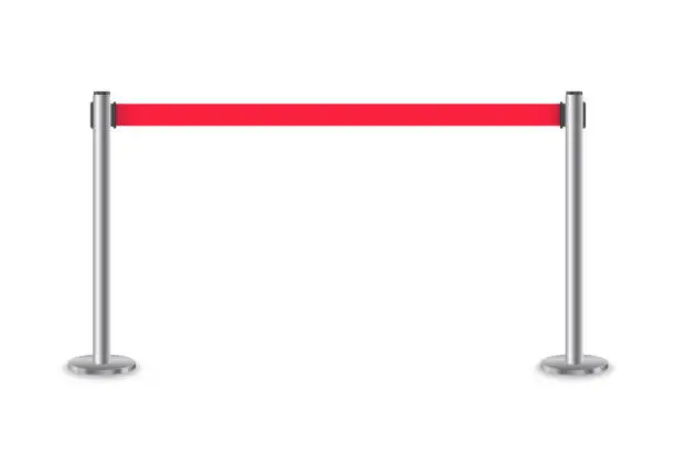 Vector illustration of Retractable stanchion with red tape. Red fencing tape. Realistic metal barrier for vip zone, security zone, closed event, exclusive entrance and for crowd control. Vector illustration.
