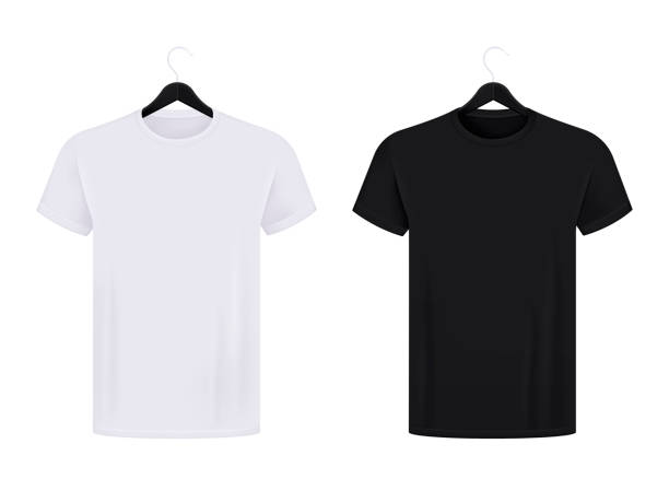 black and white t-shirt mockup of black and white t-shirt on a hanger coathanger stock illustrations
