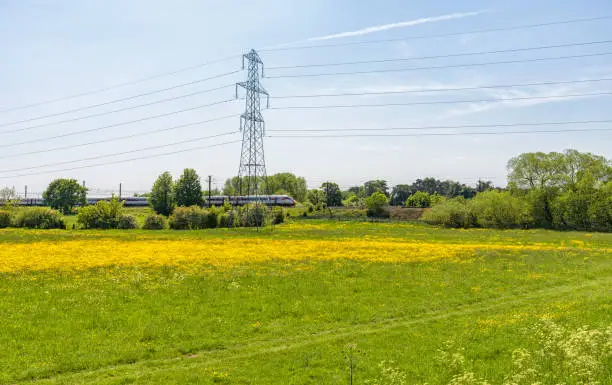 Pylons carrying power cables passes over a field of buttercups and a long train runs alongside.  A sky with light clouds is above.