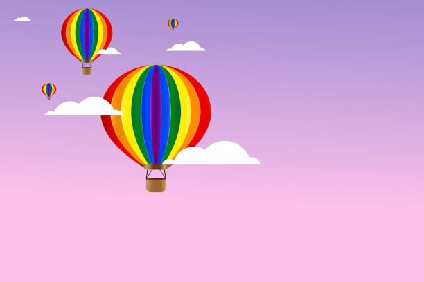 istock Hot air balloon paper cut out style with clouds vector illustration. Colored symbols balloons set LGBTQ Pride flag colors with copy space 1322883794
