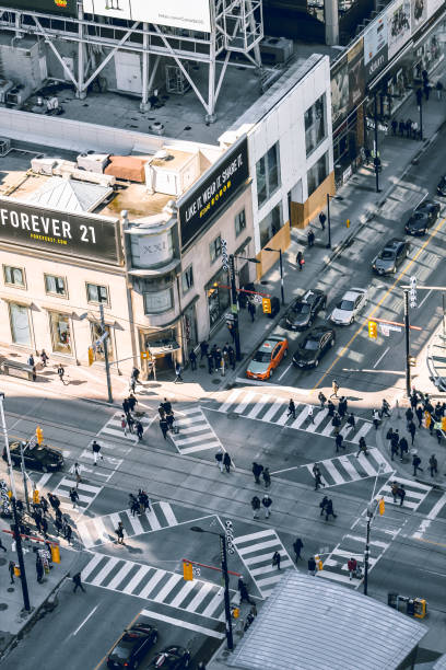 Aerial view of Yonge Dundas Square intersection in downtown Toronto Toronto, Canada - April 8, 2017: Aerial view of Yonge Dundas Square intersection in downtown Toronto toronto dundas square stock pictures, royalty-free photos & images