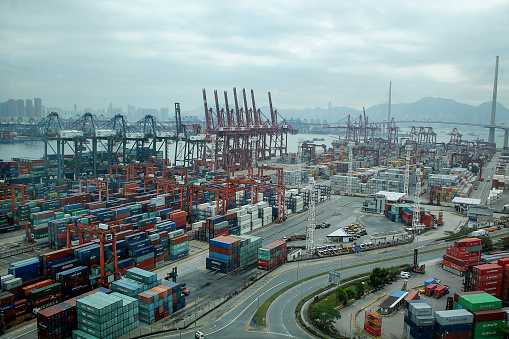 Hong Kong - January 18, 2016: Containers at Hong Kong commercial port in Hong Kong, China.