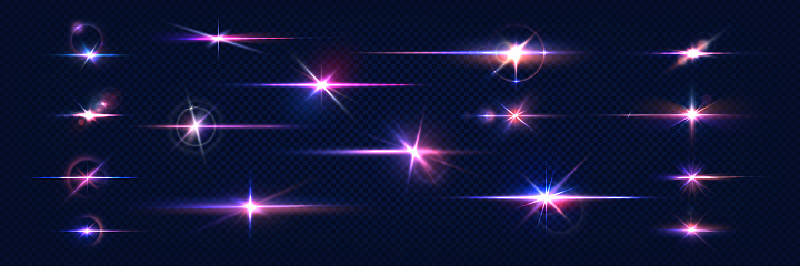 Sparkle light. Lens flares. Realistic shine effect. Glowing stars and camera flashes. Isolated glittering elements set with blue and violet gradient. Bright starlight mockup. Vector blinding glares