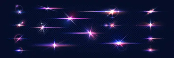 Vector illustration of Sparkle light. Lens flares. Realistic shine effect. Glowing stars and camera flashes. Glittering elements set with blue and violet gradient. Bright starlight. Vector blinding glares