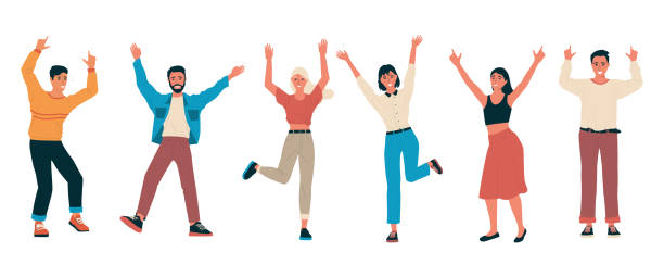 Cheerful people. Group of happy friends standing together with raised hands. Cartoon men and women feel positive emotions. Characters dance or jump. Vector persons celebrate victory Cheerful people. Group of happy friends standing together with raised hands. Cartoon men and women feel positive emotions. Isolated characters dance or jump. Vector young persons celebrate victory arms raised illustrations stock illustrations