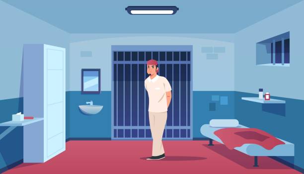 illustrazioni stock, clip art, cartoni animati e icone di tendenza di trasgressore in cella. vignetta arrestata, uomo condannato con una tuta bianca. interno penitenziario. letto e lavandino. finestra e porta con barre. punizione vettoriale del criminale - lawbreaker