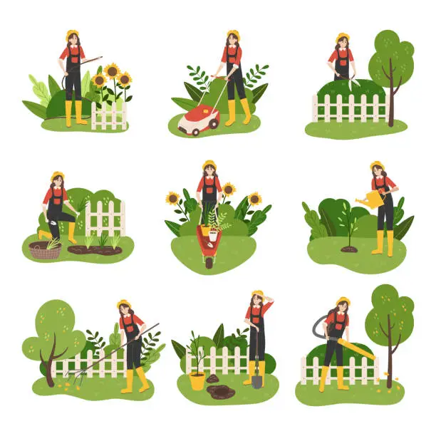 Vector illustration of Gardener. Cartoon woman mows lawn. Character cuts green trees or bushes. Gardener planting and watering seedlings. Female removes fallen leaves in yard. Vector farmer's activities set