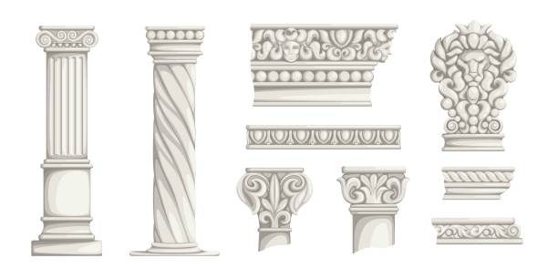 istock Greek columns. Ancient Roman architecture decorative elements. Antiqua Corinthian pillars or wall ornaments. Carved marble construction decor. Vector stone parts of historical buildings 1322887385
