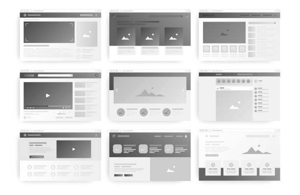 Web page layout. Website wireframe windows. Monochrome interfaces with blank frames. Social media network UI templates. Dashboard structures. Vector internet service prototypes set Web page layout. Website wireframe windows. Monochrome interfaces design with blank frames. Social media network UI templates. Digital dashboard structures. Vector internet service prototypes set website wireframe stock illustrations